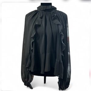 CoMMERSE Black Ruffle Blouse XS, Open Long Sleeves High Neck Back Straps NWT